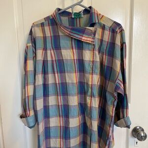 Vintage asymmetrical plaid Button-Up Blouse/Tunic. Beach/travel perferct!